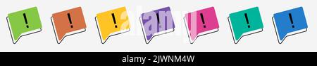 Multicolored speech bubble icons. Flag icon with exclamation mark or point. Illustration on white isolated background with text communication. Communi Stock Vector