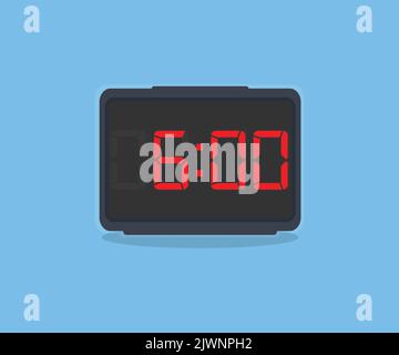 Digital black alarm clock displaying 6:00 o'clock logo design. Digital clock with red numbers - Time to wake up, attend meeting or appointment. Stock Vector