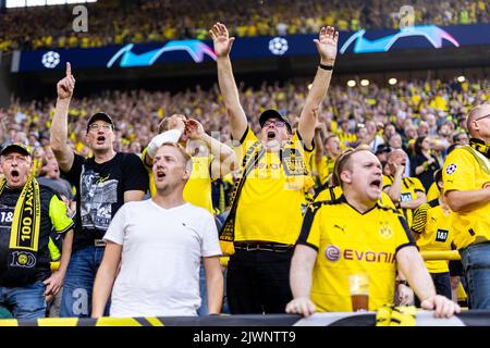 Dortmund, Germany. 06th Sep, 2022. Football fans of Dortmund seen on the stands during the UEFA Champions League match between Dortmund and FC Copenhagen at Signal Iduna Park in Dortmund. (Photo Credit: Gonzales Photo/Alamy Live News Stock Photo