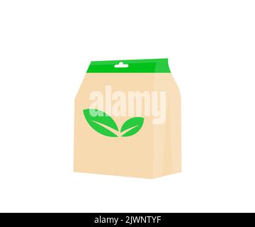 Paper pouch bag with tea leaves logo design. Eco friendly organic brand concept vector design and illustration. Stock Vector