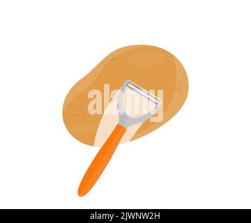 Vegetable peeler and potato logo design. Raw washed potatoes on burlap, potato peeler in Cooking utensil, Stainless instrument for serving food vector Stock Vector