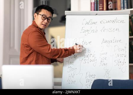 Japanese Teacher Man Having Online Class Teaching English Online Indoor Stock Photo