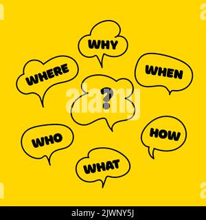 Question who, what, how, why, for what and where. Speech bubble with ask. Doodle vector illustration on yellow background. Vector illustration. Commun Stock Vector