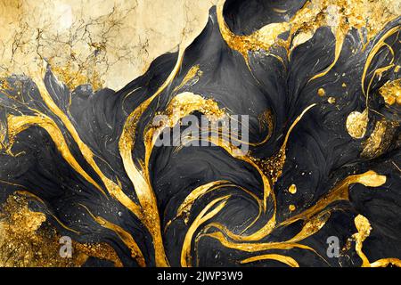 Spectacular realistic abstract backdrop of a whirlpool of black and gold. Digital art 3D illustration. Mable with liquid texture like turbulent waves Stock Photo