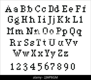 Pixel alphabet letters and punctuation marks. Modern stylish font or typeface for headline in style of 80's retro video game, vintage computer typogra Stock Vector