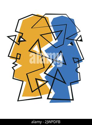 Schizophrenia depression, bipolar disorder, male heads, lineart. Expressive illustration of connected Male heads. Vector available. Stock Vector