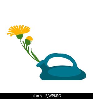 Dandelions plant in pot isolated on white background. Floral botanical branch daisy yellow flowers and green leaves vector illustration. Graphic desig Stock Vector