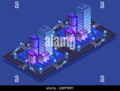 Night background isometric smart blue 3D illustration. Stock Vector
