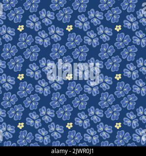 Vector seamless pattern with blue flowers. Hand drawn design with decorative flowers. Stock Vector