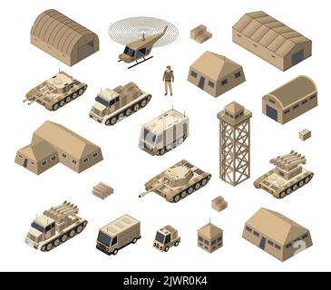 Set of army armed troop isometric armed military transport objects Stock Vector
