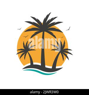 Palm tree, sun and birds. Summer icon. Sunset or sunrise concept on an island. Vector illustration isolated on white background Stock Vector