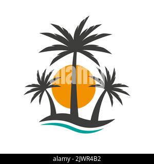 Palm tree, sun and birds. Summer icon. Sunset or sunrise concept on an island. Vector illustration isolated on white background Stock Vector