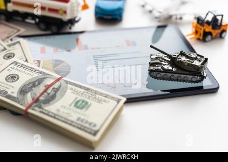 different types of toy transport and a tablet Stock Photo