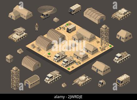 Set of army armed troop isometric armed military transport objects Stock Vector