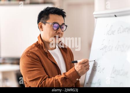 Korean Male Teacher Having Class Writing On Whiteboard In Classroom Stock Photo