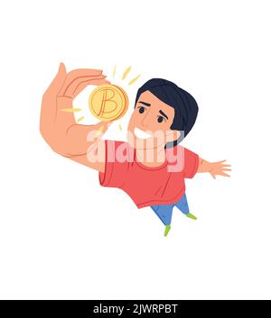 Bitcoin trader - Man with suit and coin in front of face. Trading chart in background and question marks flying around. Crypto currency, day trading Stock Vector