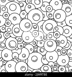 Seamless black and white vector pattern of circles and arcs. Geometric pattern dense bubbles in linear style monochrome texture. Stock Vector