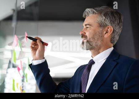Middle Aged Businessman Writing Notes At Stickers On Glass Wall At Office Stock Photo