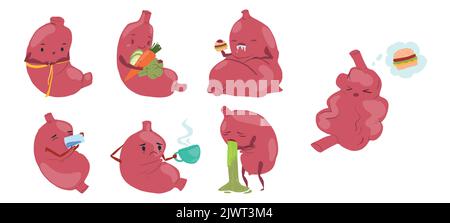 Sad sick cry and healthy strong happy smiling cute stomach character Stock Vector