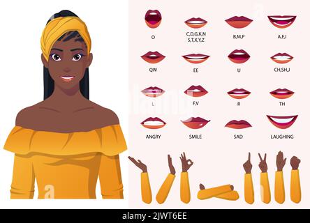 Beautiful Black Woman Wearing Yellow Blouse and Head Wrap Mouth Animation And Lip Sync, Cartoon Afro American Girl Illustration Stock Vector