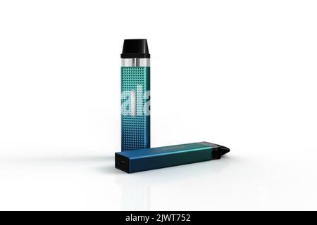 Blue and Green Metallic Electronic Vape Scene Illustration isolated on a white background. 3D Render Illustration Stock Photo