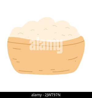 Flour in wooden bowl in cartoon flat style. Vector illustration of organic healthy food, baking ingredients Stock Vector