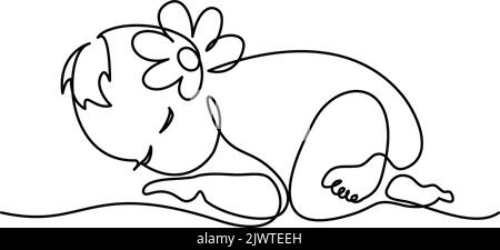 Cute sleeping newborn baby with flower. Continuous one line drawing. Modern minimalism art. Vector illustration Stock Vector