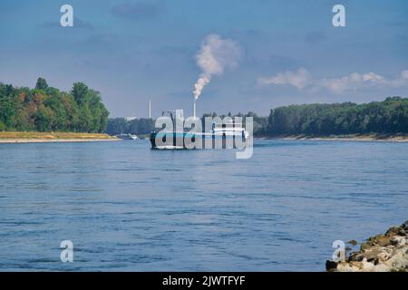 The RHEIN, GERMANY - September 2022: A beautiful shot of the cargo ship on the Rhine river near Mannheim in bright sunlight, Germany Stock Photo
