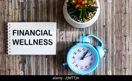 Financial wellbeing text written on notepad and wooden background with cactus flower Stock Photo