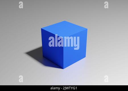 3D rendering of a blue cube box with shadow in perspective view on a glossy white surface Stock Photo
