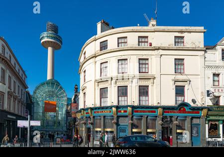 The Midland Hotel, Ranelagh Street, Liverpool. St John's Beacon Towering over the older properties. Taken in October 2021. Stock Photo