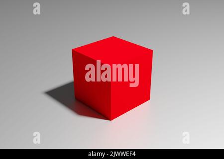 3D rendering of a red cube box with shadow in perspective view on a glossy white surface Stock Photo