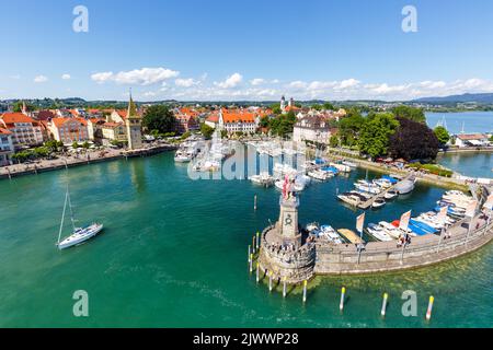 Lindau with marina town at lake Constance Bodensee yachts travel traveling from above top view in Germany Stock Photo