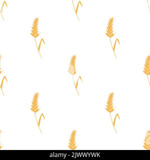 Seamless pattern with spikelets and grains of wheat on white background. Vector cartoon flat illustration for backery packaging, flour production Stock Vector