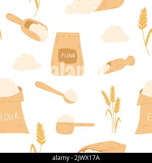 Seamless pattern with baking ingredients in flat style on white background. Bag with flour, wheat ear spikelet, wooden scoop. Vector illustration of Stock Vector