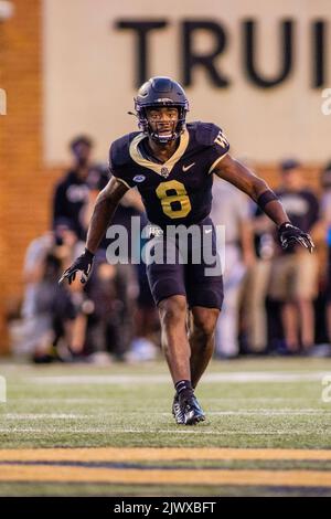 Winston-Salem, NC, USA. 1st Sep, 2022. Wake Forest Demon Deacons defensive back Isaiah Wingfield (8) watches the offense during the second quarter of the NCAA football match up at Truist Field in Winston-Salem, NC. (Scott Kinser/CSM). Credit: csm/Alamy Live News Stock Photo