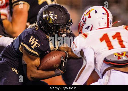 Winston-Salem, NC, USA. 1st Sep, 2022. Wake Forest Demon Deacons running back Christian Turner (0)) with the ball during the fourth quarter of the NCAA football match up at Truist Field in Winston-Salem, NC. (Scott Kinser/CSM). Credit: csm/Alamy Live News Stock Photo