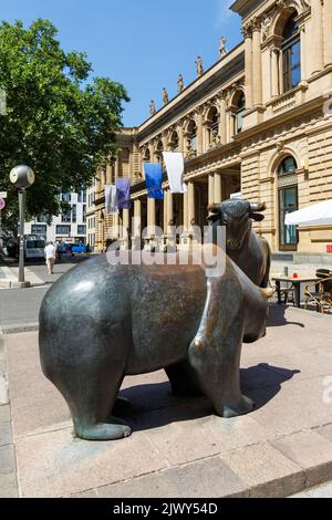 Bull and Bear at Frankfurt Stock Exchange figures portrait format in Germany Stock Photo