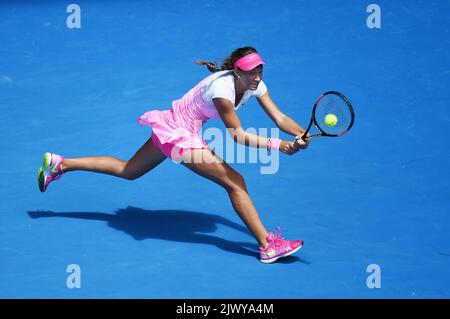 Tereza Mihalikova of Slovakia plays Katie Swan of Great Britain in their girls single final at the Australian Open at Melbourne Park, Melbourne, Saturday, Jan. 31, 2015. The Australian Open Australia's foremost tennis event is held annually over the last fortnight in January. (AAP Image/Lukas Coch)