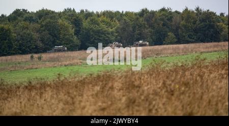 Three British army Foxhound light protection patrol vehicles (LPPV Force Protection Ocelot) taking cover behind woodland on a military exercise