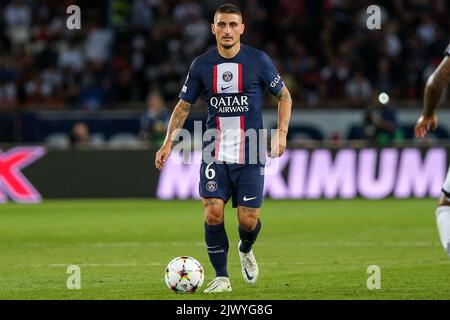 Paris, France. 06th Sep, 2022. Marco Verratti of PSG in action during the Champions League Group H football match between Paris Saint Germain and Juventus FC at Parc des Princes stadium in Paris (France), September 6th, 2022. Photo Federico Tardito/Insidefoto Credit: Insidefoto di andrea staccioli/Alamy Live News Stock Photo