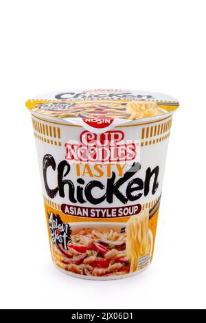 WETZLAR, GERMANY 2022-07-25: Tasty Nissin Chicken Cup Noodles - Asia Style. Unopened containers of Nissin Cup Noodles Stock Photo