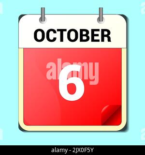 Icon page calendar day - 6 October. Date day week Sunday, Monday, Tuesday, Wednesday, Thursday, Friday, Saturday. 6th days of the month, vector illust Stock Vector