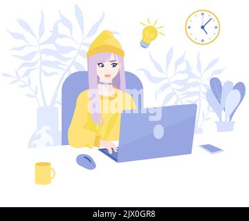 Freelancer works in office or from home online. The woman working on computer, team leading. Modern technologies and digital world, work on Internet. Stock Vector