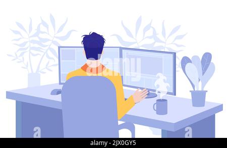 Freelancer works in office or from home online. The man working on computer, team leading. Modern technologies and digital world, work on Internet. Ve Stock Vector