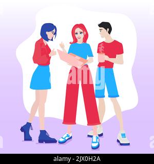 Man and women with laptop. Remote job concept, freelancers and coworkers. Modern technologies and digital world, work on Internet. Distance employees Stock Vector