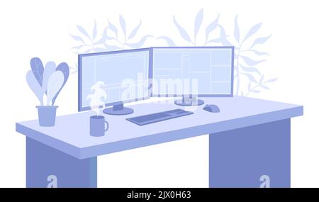 Empty office workplace chair, desk with desktop computer. Office work place with coffee cup, equipment, two monitors, keyboard, mouse. Business worksp Stock Vector