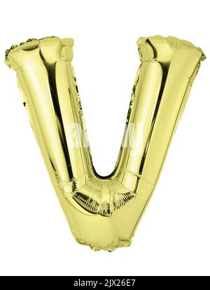 Letter V in golden mylar balloon isolated on white Stock Photo