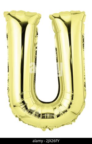 Letter U in golden mylar balloon isolated on white Stock Photo