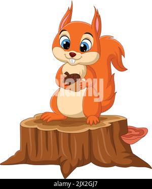 Cartoon funny squirrel holding a pine cone on tree stump Stock Vector
